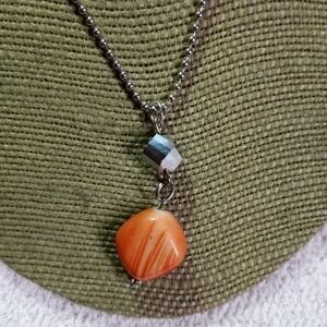 Silvertone Ball chain with faceted silvertone bead orange bead